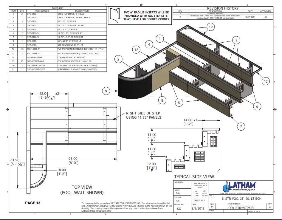8' Straight Step Polymer 90 Deg. 3-Tread 6" Radius w/ Left Bench